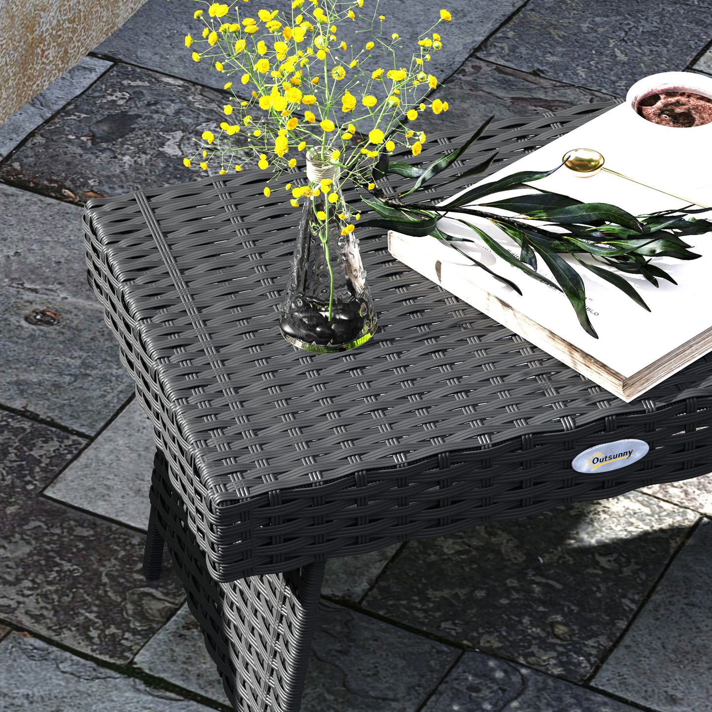 Outsunny Foldable Outdoor Side Table Rattan Garden Table With Steel Frame Space Saving Patio Balcony Black 60x41x41 Cm