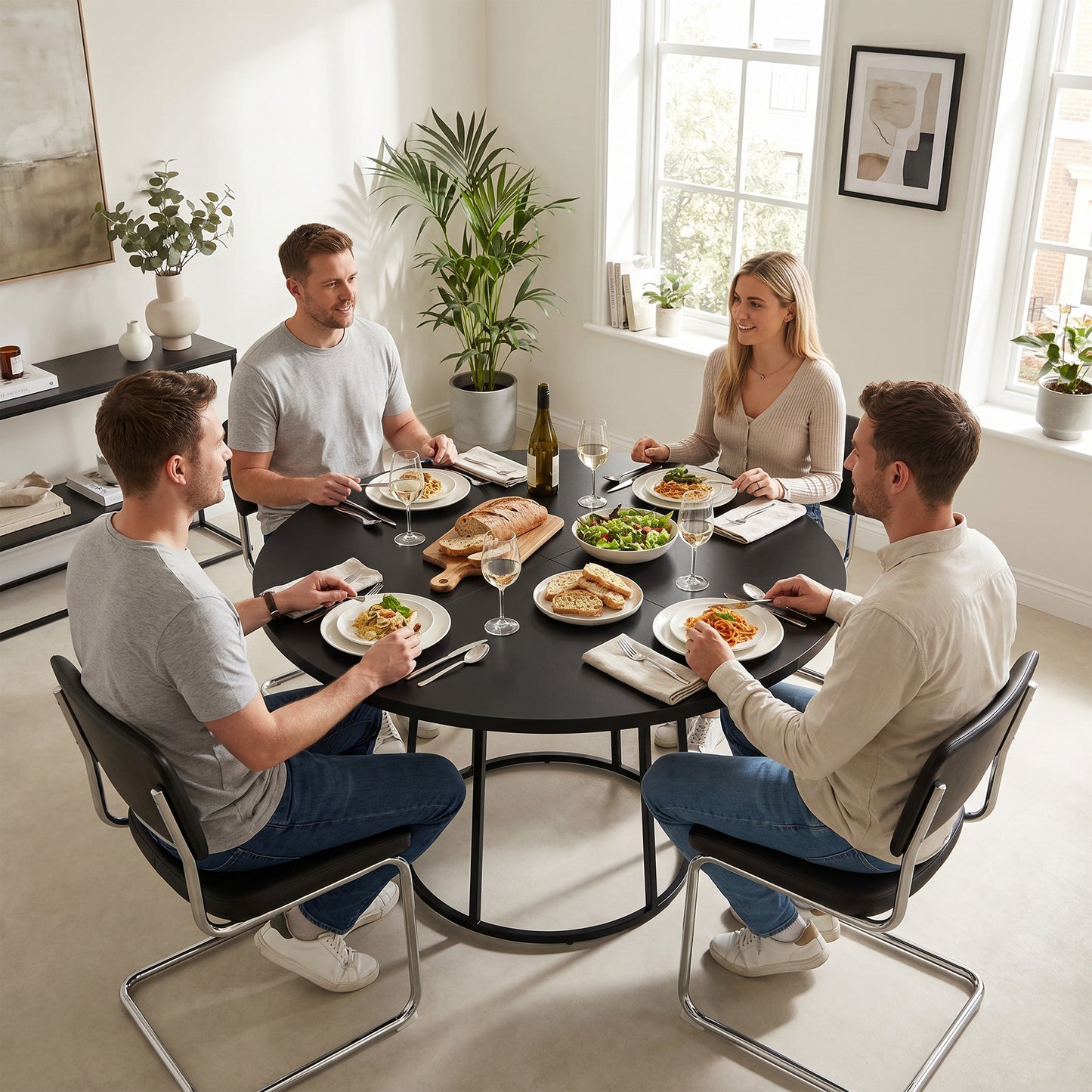 HOMCOM Dining Table Space Saving 120 cm Round Black Spliced Tabletop Featuring Conical Metal Base