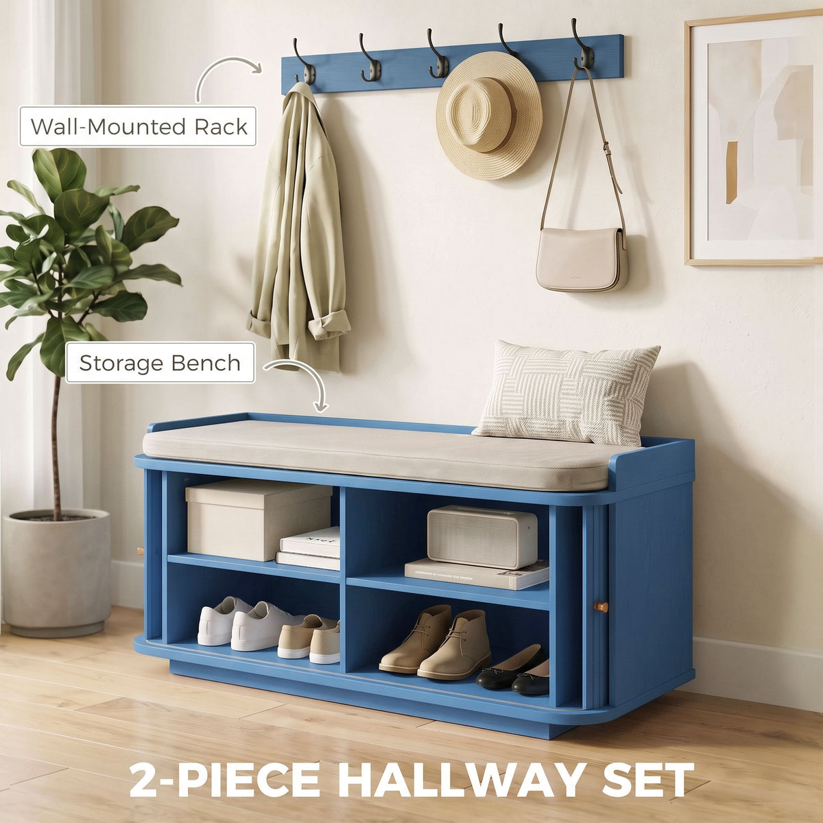 HOMCOM Hallway Storage Unit With Shoe Cabinet Bench And 5 Coat Hooks Blue