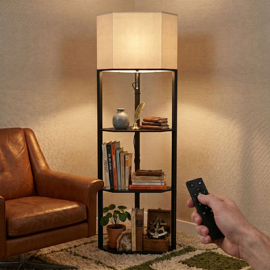 HOMCOM Corner Floor Lamp With Shelves And Dimmable Lights 3000K 4000K 6000K Color Temperature