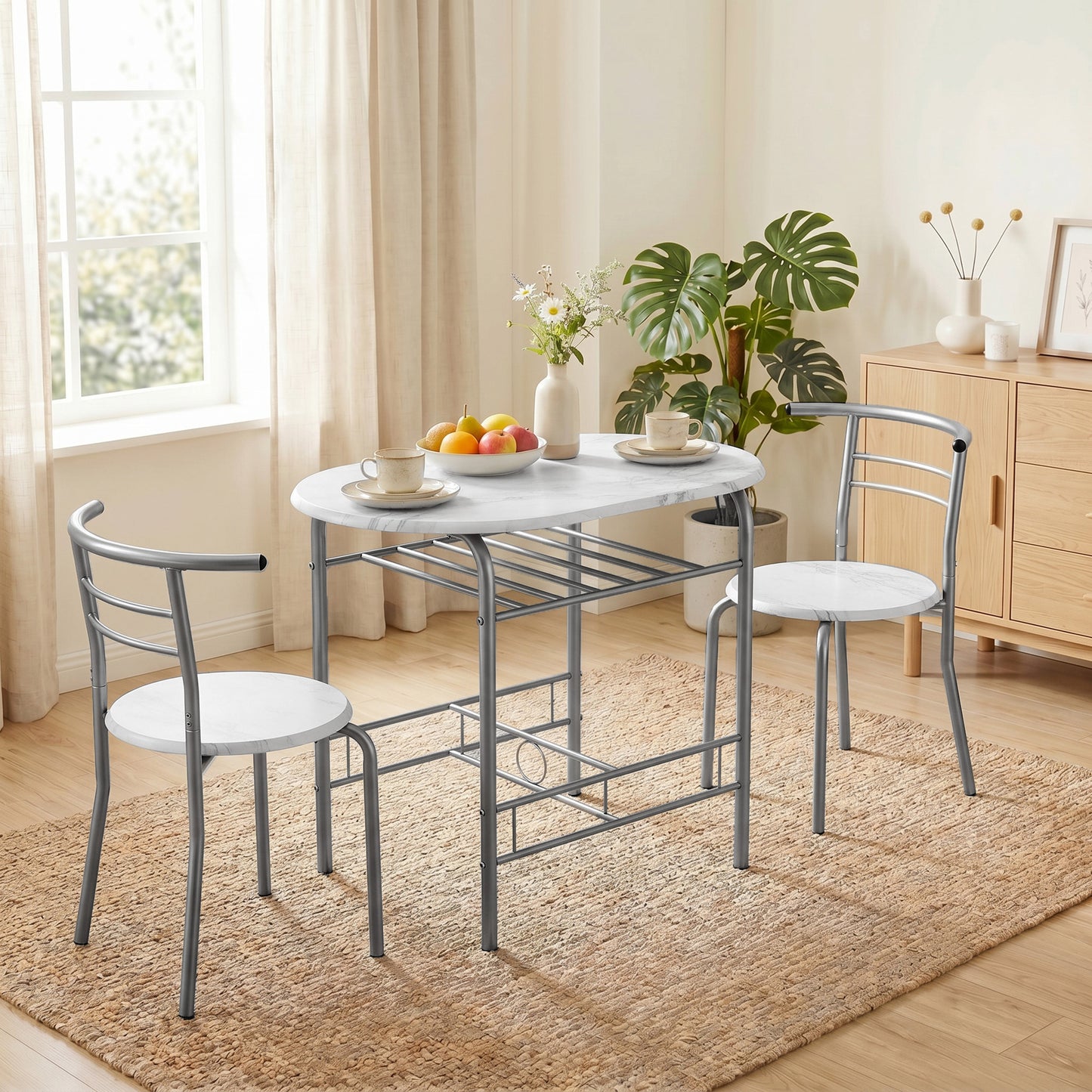 HOMCOM White Marble Effect Three Piece Compact Dining Set With Two Chairs And Table Shelf