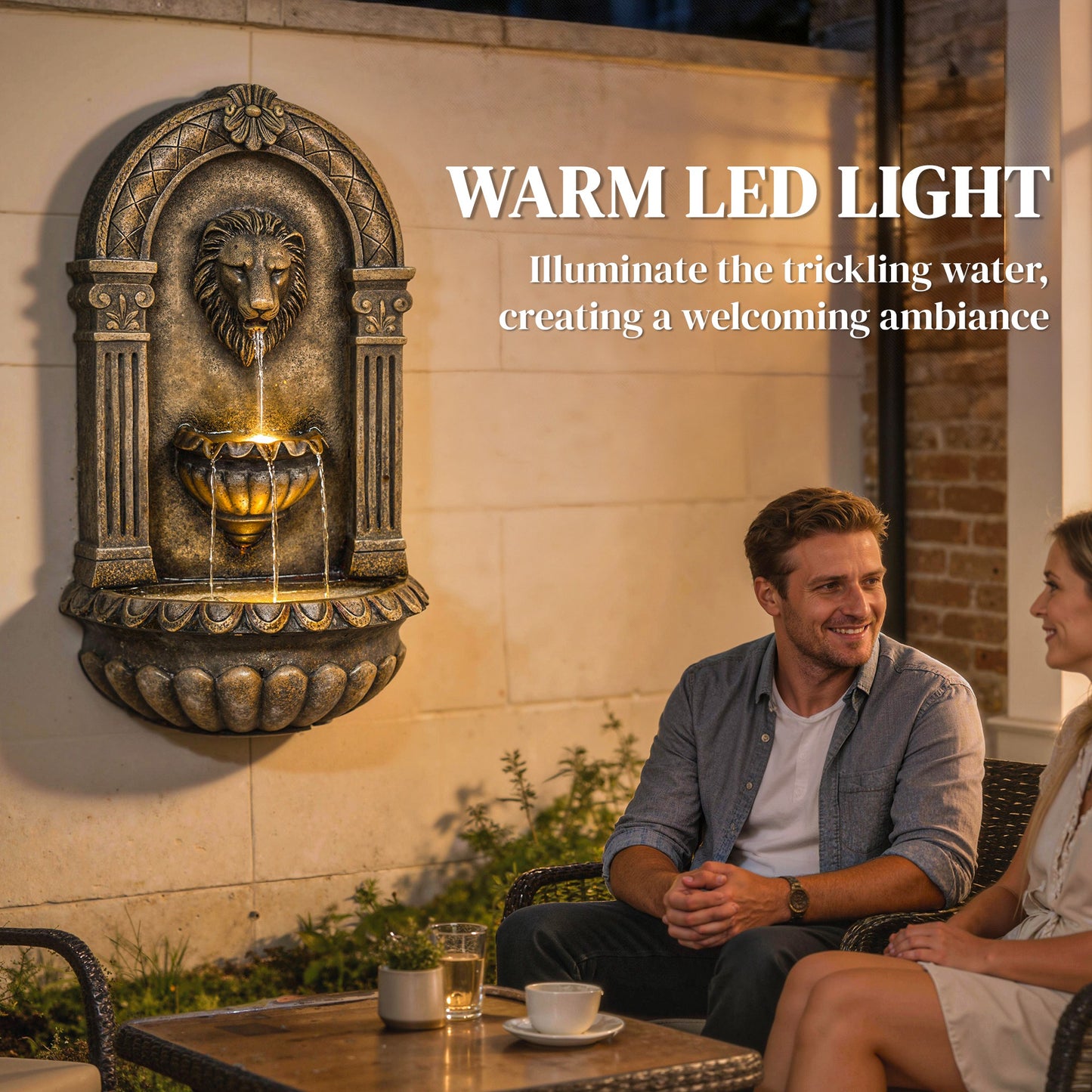 Outsunny Wall Mounted Water Fountain 3 Tier Cascading Waterfall LED Lights And Adjustable Flow For Patio Rustic Brown