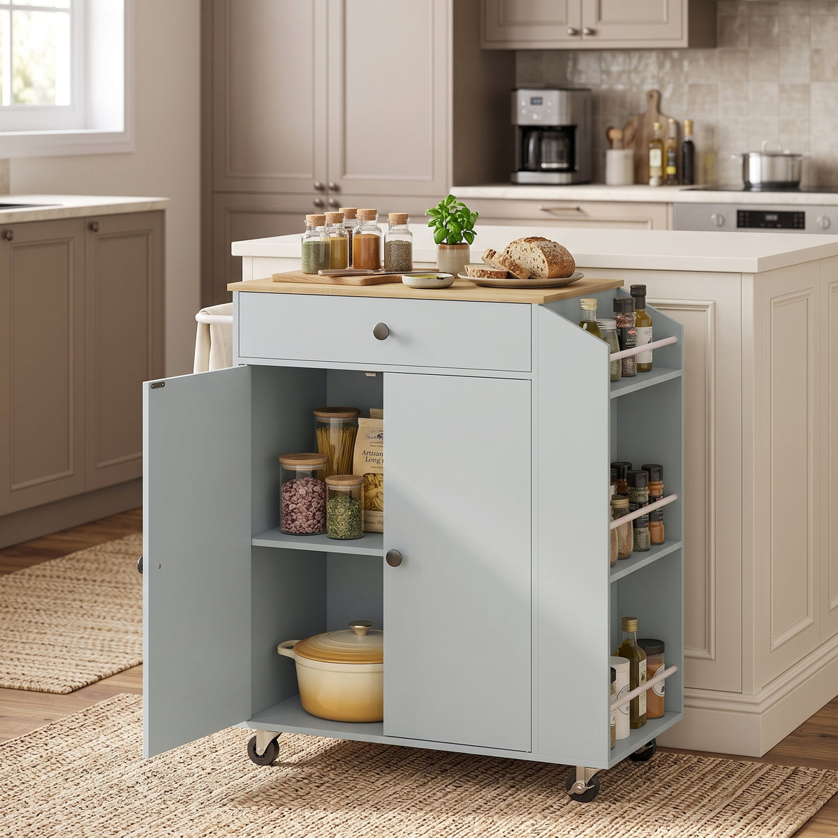 Light gray rolling kitchen island cart with side spice rack, wide counter, and caster wheels