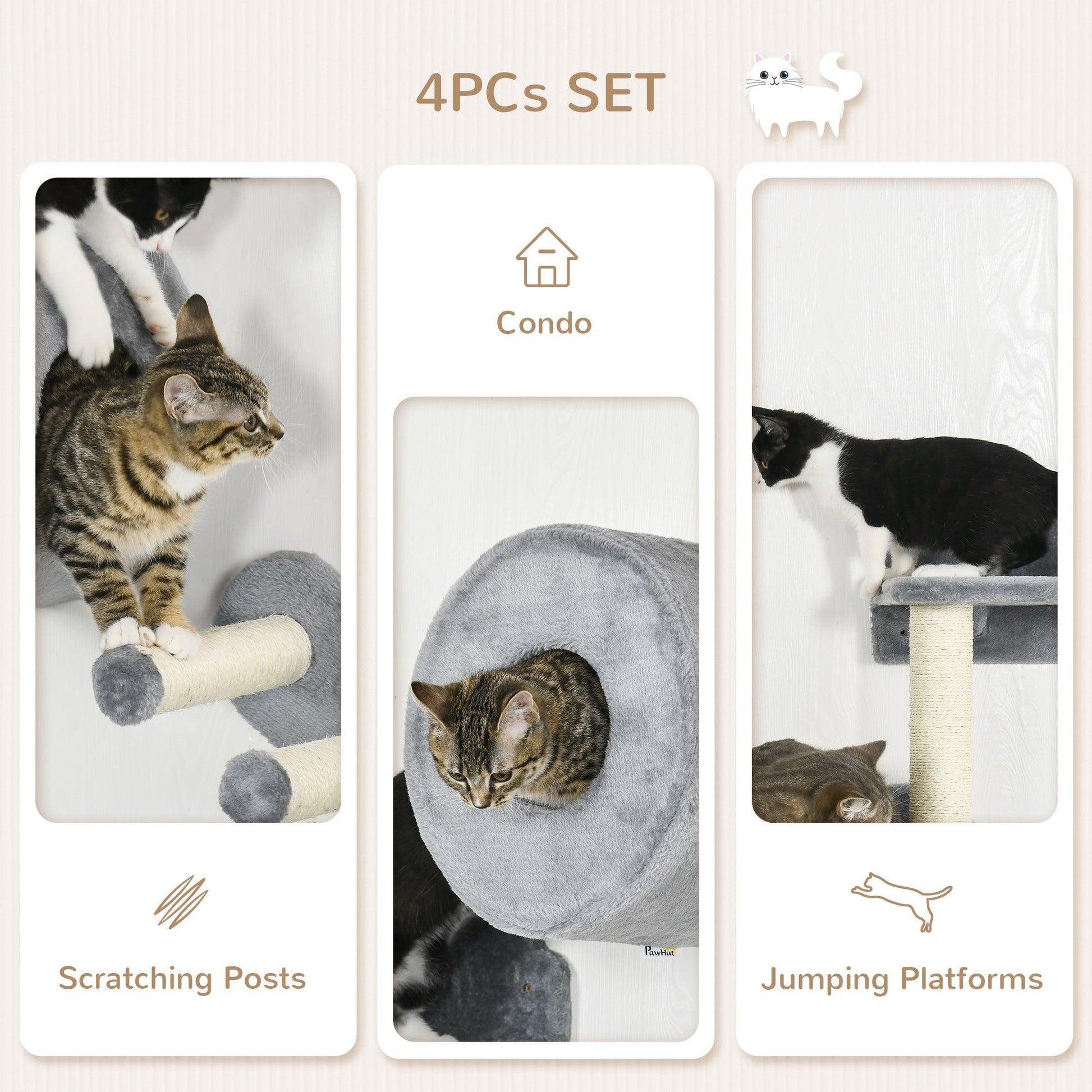 PawHut Cat Wall Furniture with Platforms, Steps, Perch, Cat House - Grey - ALL4U RETAILER LTD