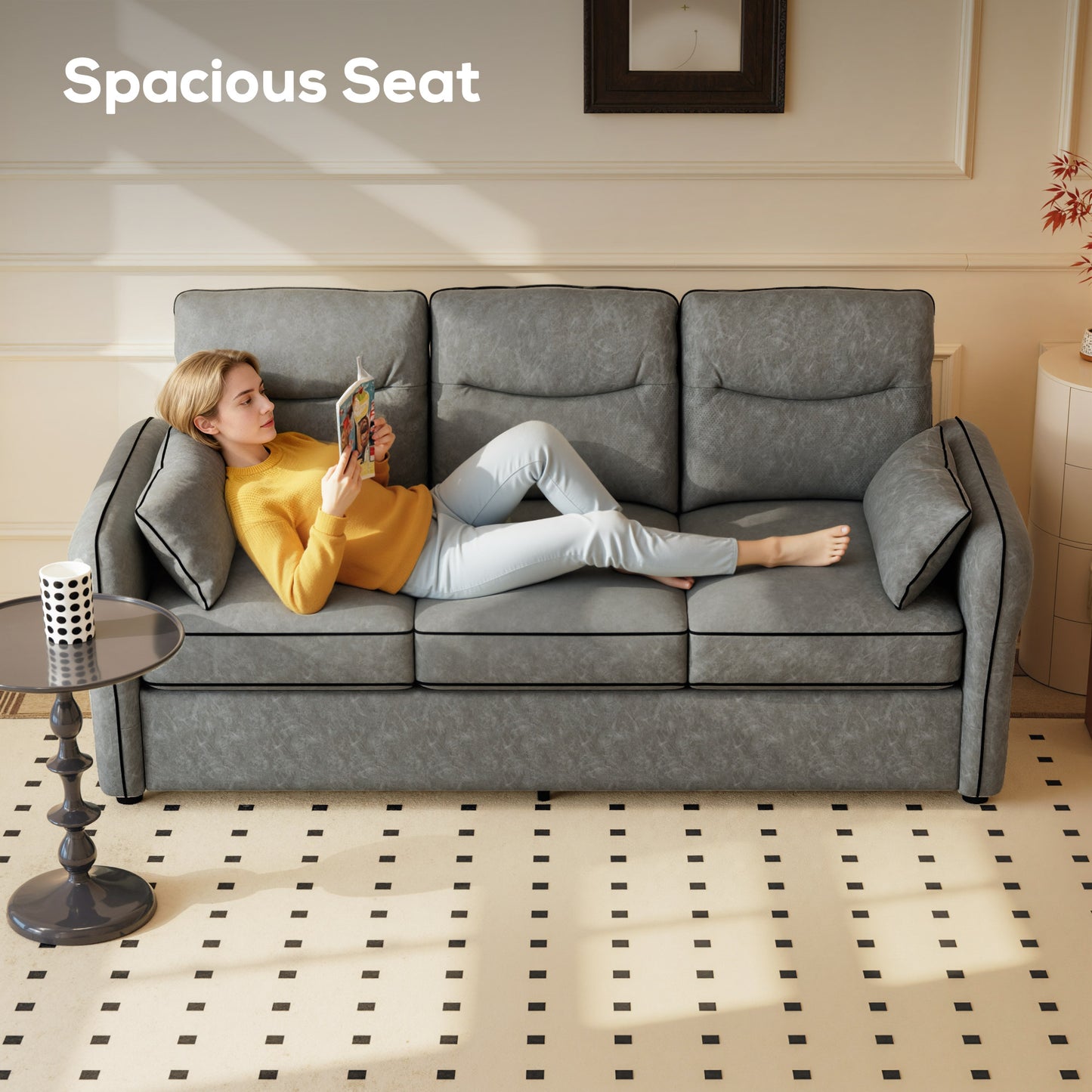 HOMCOM 3 Seater Faux Leather Sofa Grey With Black Piping Modern Minimal Design And Comfort