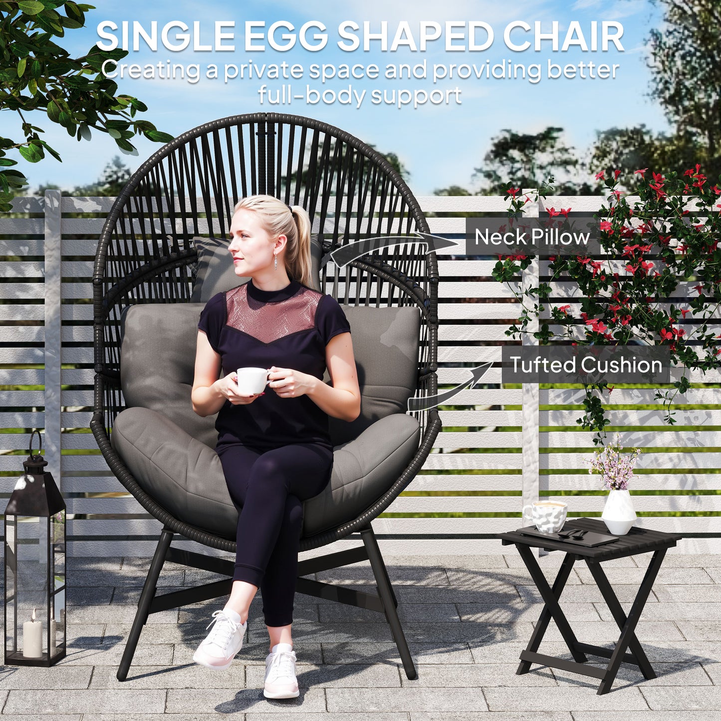 Outsunny Rattan Egg Chair Oversized Freestanding Garden Chair with Thick Tufted Cushion and Headrest Charcoal Grey