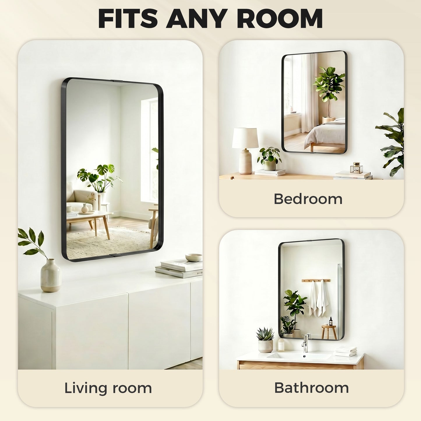 HOMCOM Runway Shaped Rectangular Wall Mirror 90 x 60 cm With Aluminium Alloy Frame And Tempered Glass In Black
