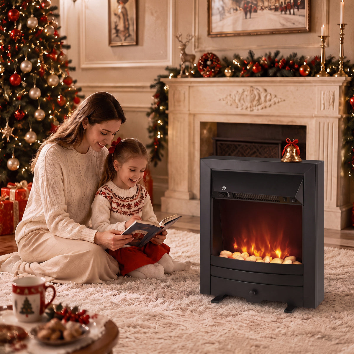 Black freestanding electric fireplace stove with realistic LED flames and decorative pebbles