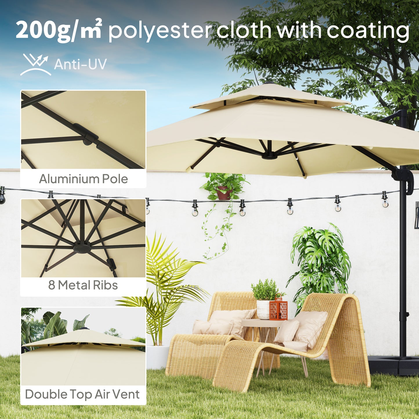 Outsunny 2.7m Cantilever Parasol Aluminium Frame Crank Tilt 360 Rotation Garden Umbrella With Base And Cover Khaki