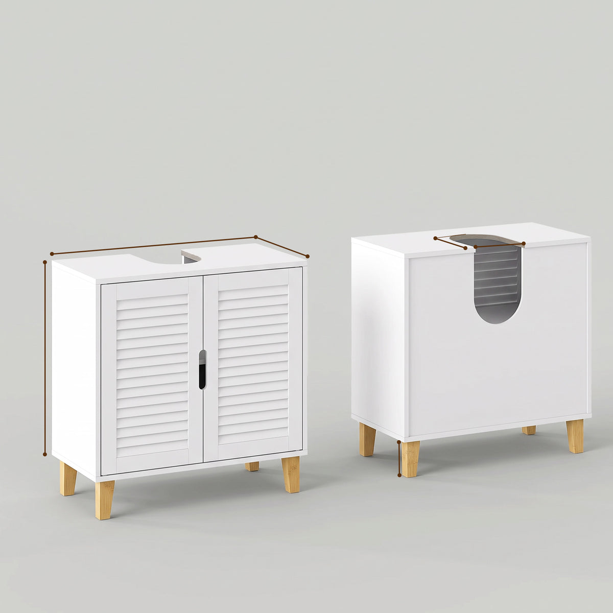 White louvered-door under-sink cabinet with adjustable shelf and four legs, front view