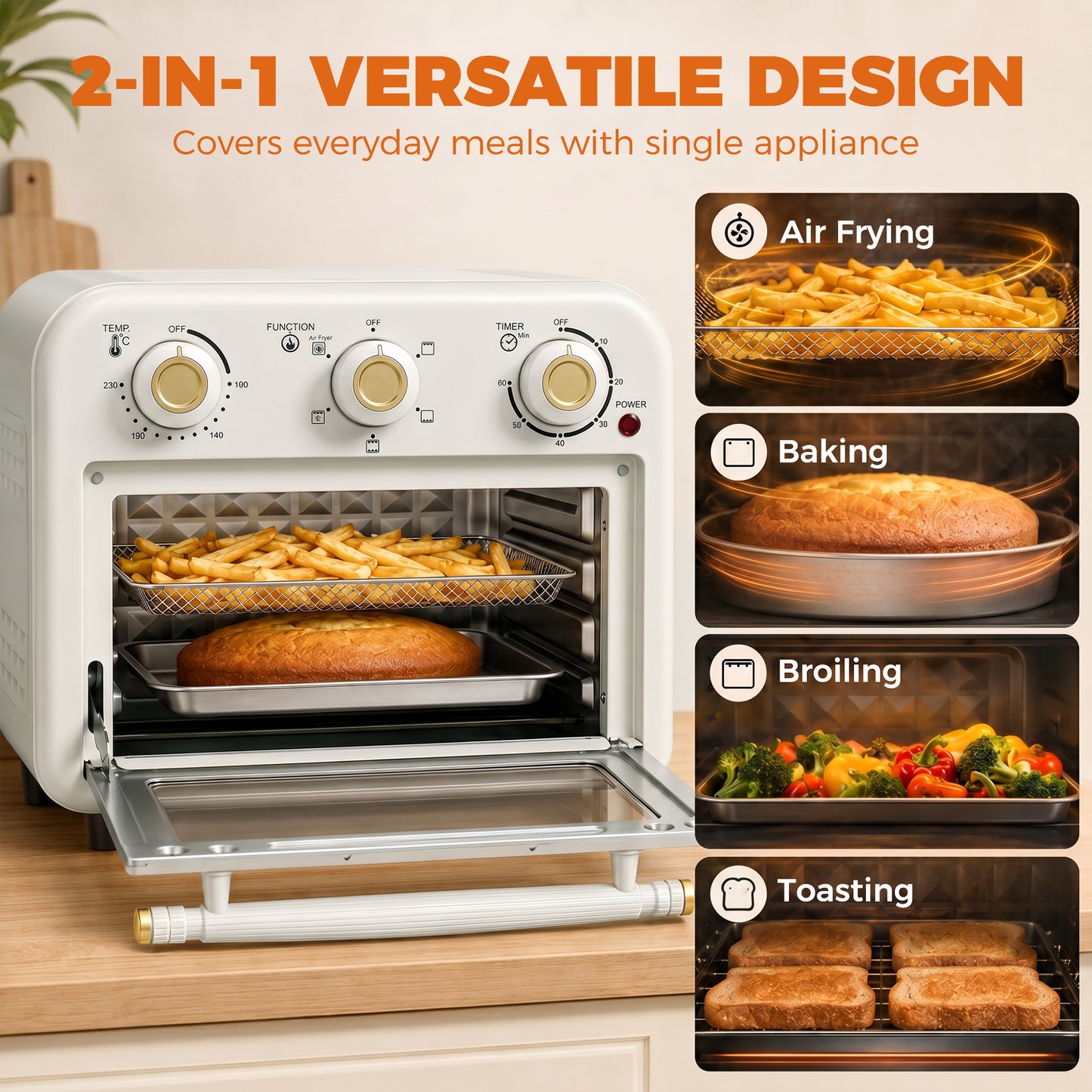 HOMCOM 12 L Air Fryer Toaster Oven With Convection, Adjustable Temperature And Timer, Cream White Countertop Oven