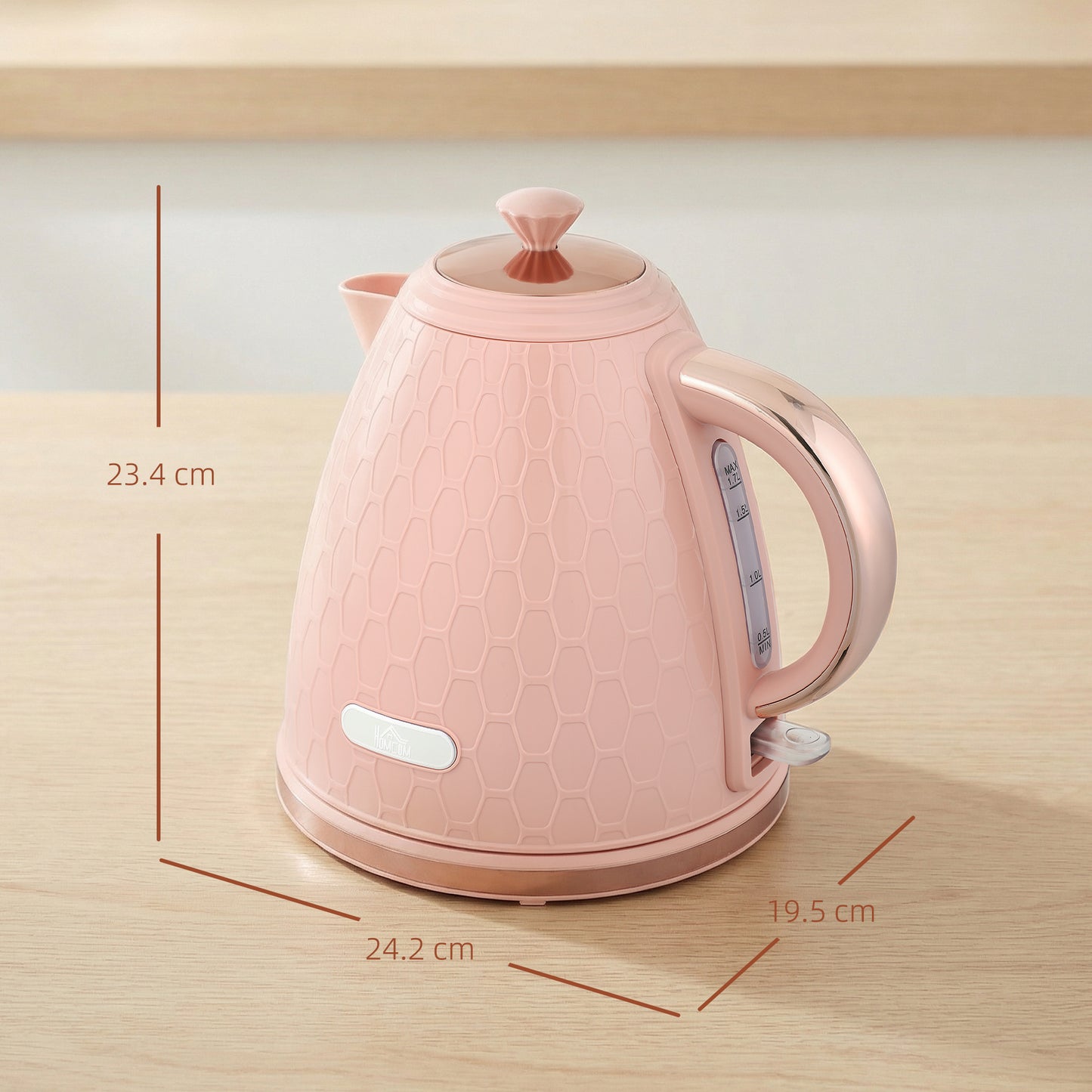 HOMCOM 3kW Rapid Boil Honeycomb Electric Kettle Light Pink With Boil Dry Protection For Quick Tea Coffee