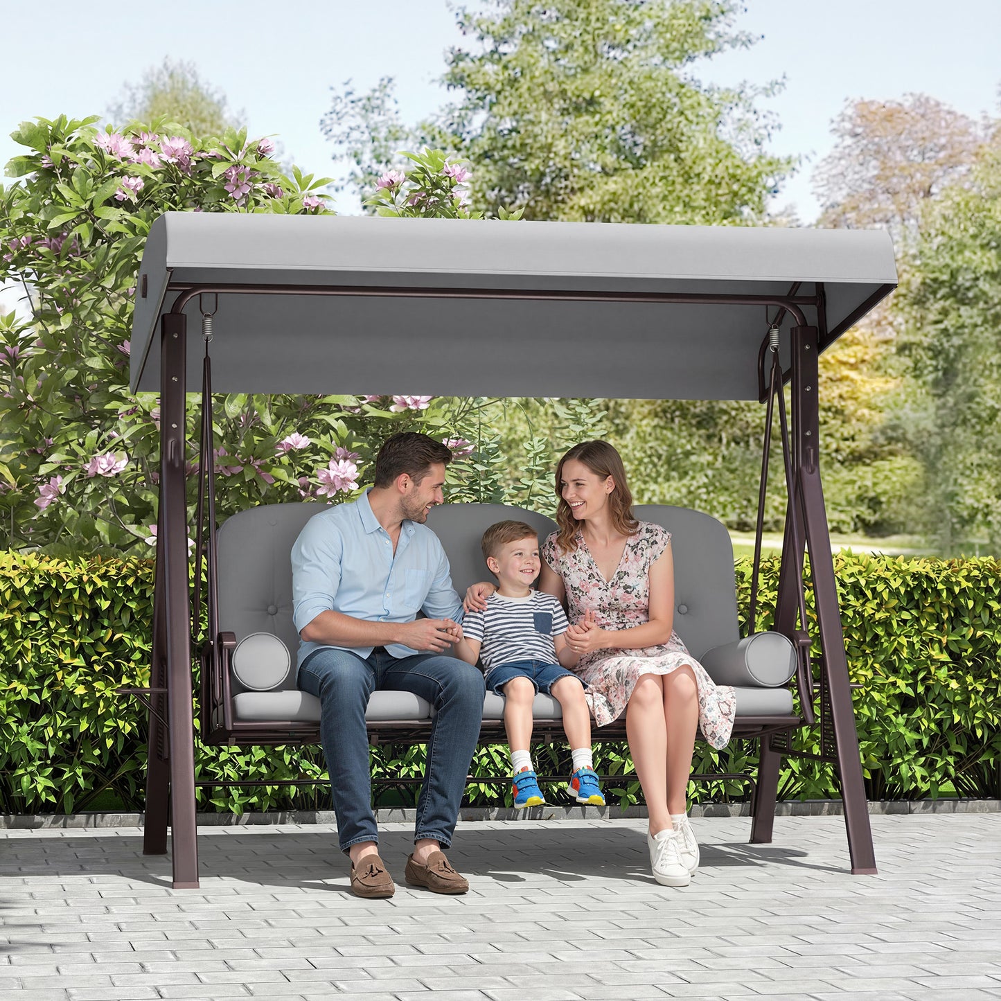 Outsunny Three Seater Canopy Swing Chair Garden With Adjustable Canopy Cushions Cup Trays Steel Frame Light Grey