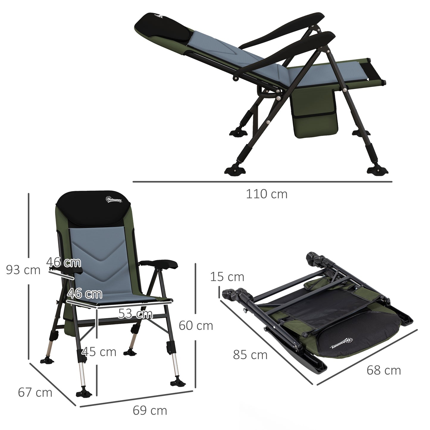 Outsunny Adjustable Portable Fishing Chair with Foldable Metal Frame and Padded Comfort, Green/Black - ALL4U RETAILER LTD