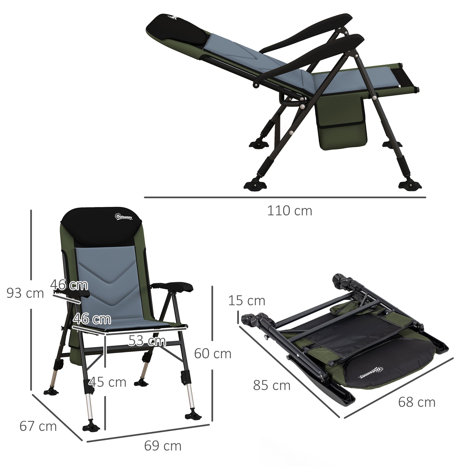 Outsunny Adjustable Portable Fishing Chair with Foldable Metal Frame and Padded Comfort, Green/Black - ALL4U RETAILER LTD