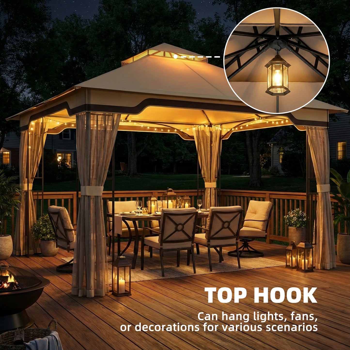 Outsunny 3.3 x 3.3 m Outdoor Garden Gazebo With Post Shelves Hook Khaki UPF50 Plus Patio Permanent Pavilion