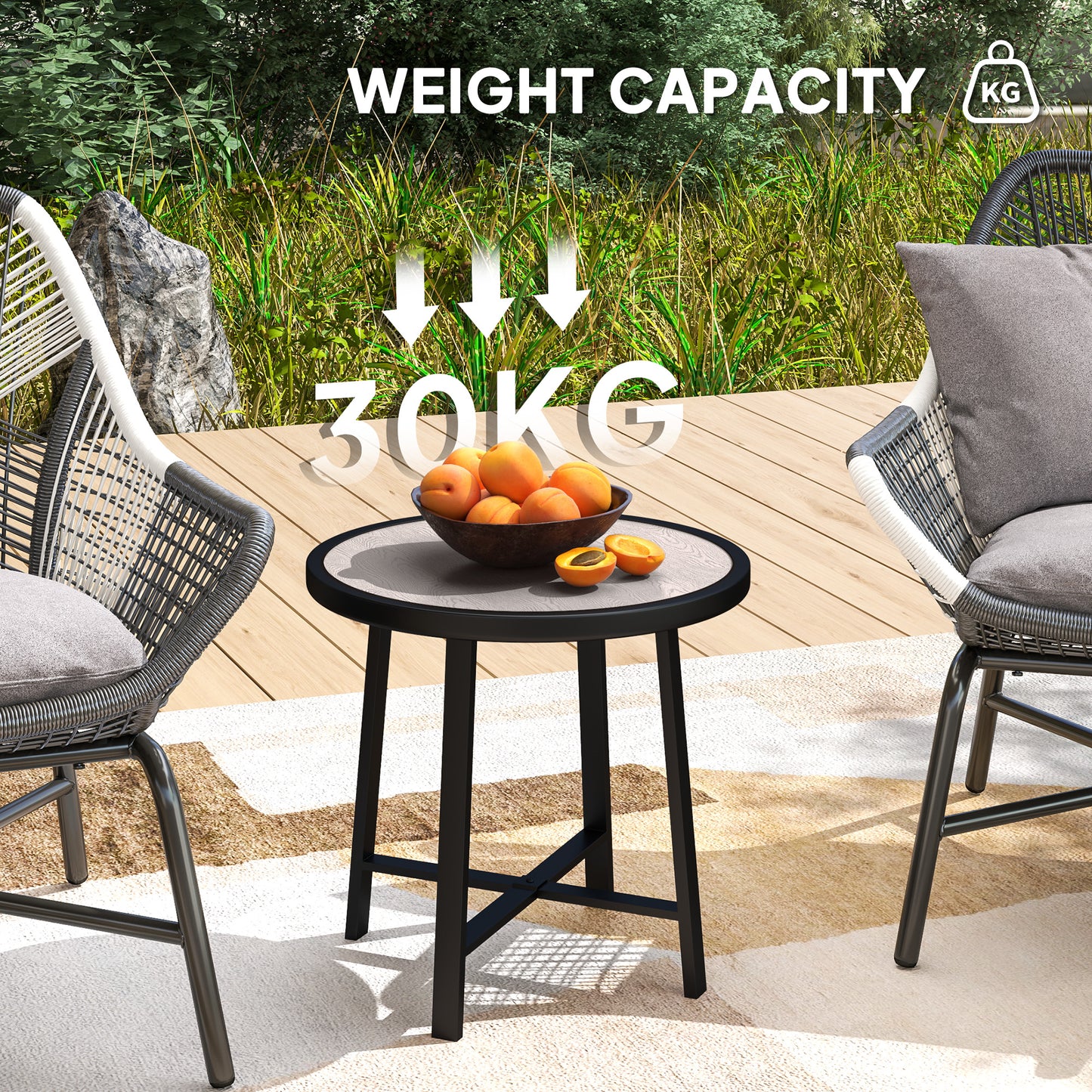 Outsunny Round Garden Table 50.5cm With SPC Tabletop Powder Coated Metal Frame Grey Wood Effect Anti Slip Feet