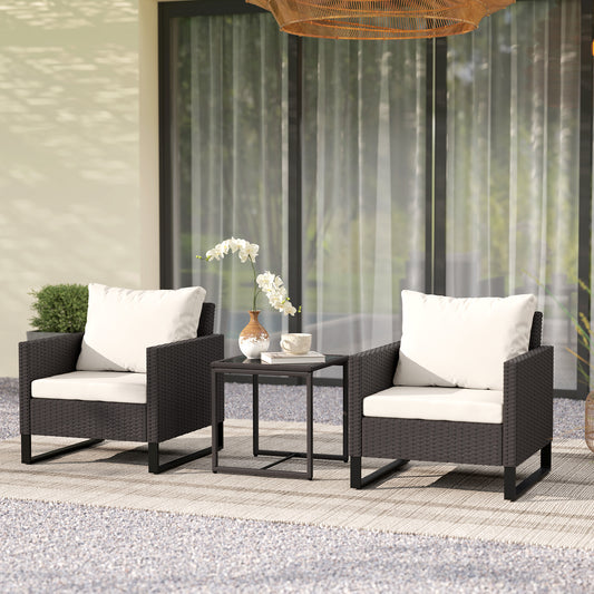 Outsunny 3 Piece Rattan Bistro Set With Glass Top Table And 4 Cushions For Outdoor Patio Balcony Garden Brown