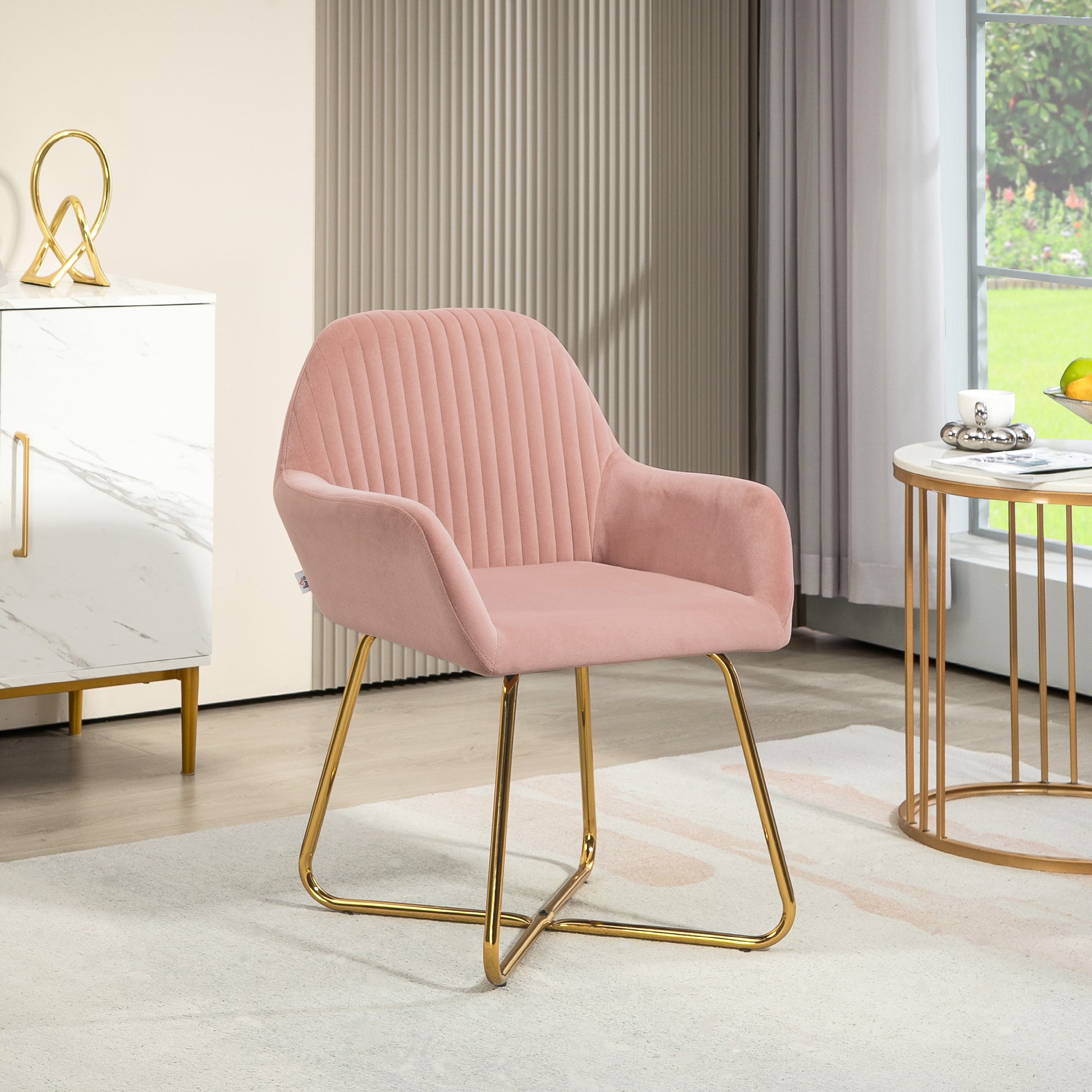 HOMCOM Stylish Pink Velvet Accent Chair with Metal Cross Base for Modern Living Spaces - ALL4U RETAILER LTD