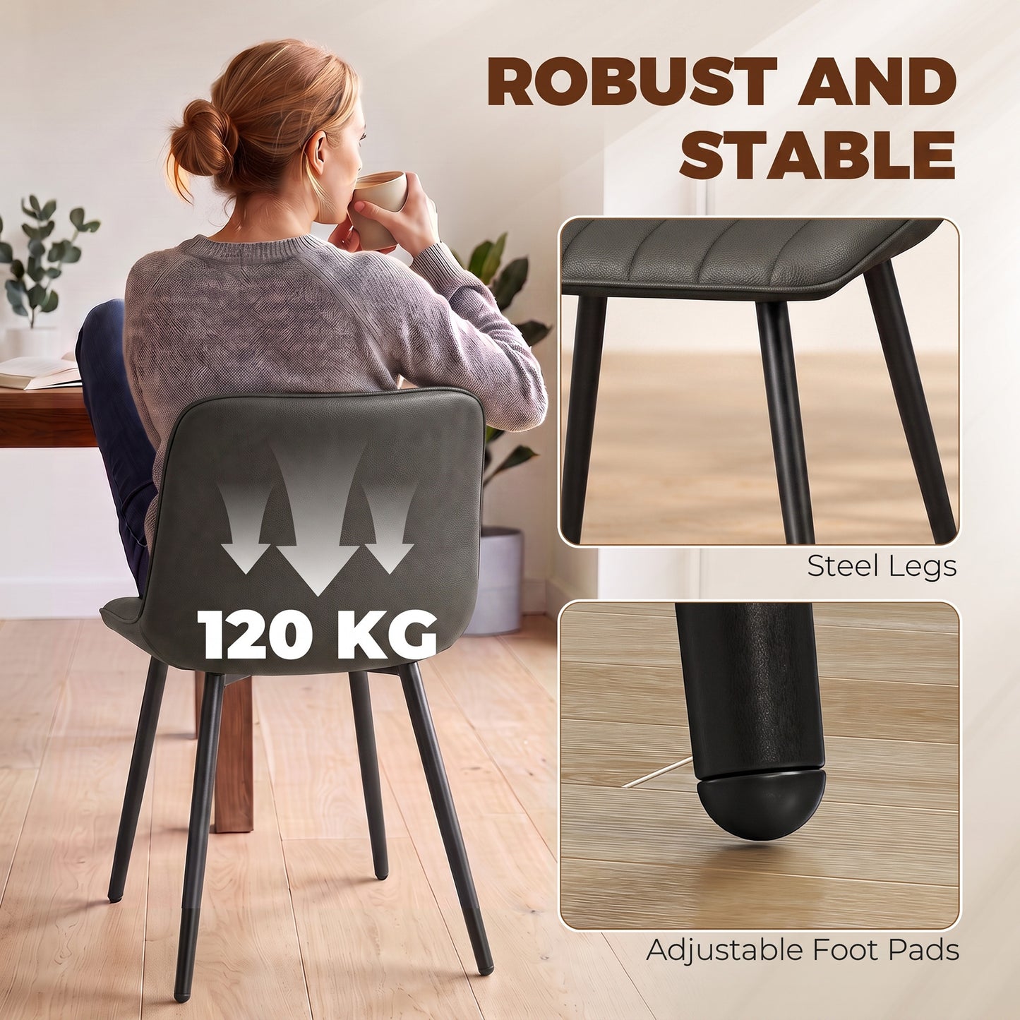Homcom Faux Leather Dining Chairs Set Of Two With Metal Legs Grey