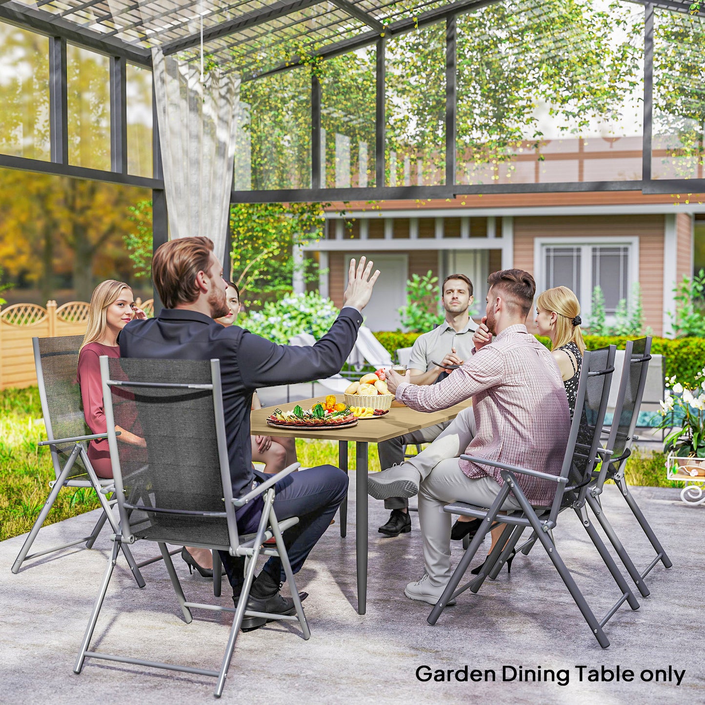 Outsunny Garden Dining Table 150 By 90 Cm Outdoor Slatted Table With 5 Cm Parasol Hole Steel Frame Brown