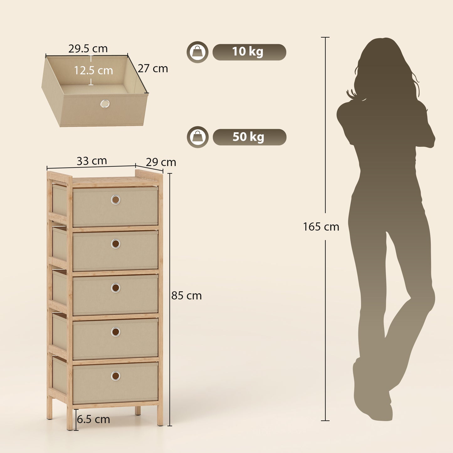 HOMCOM Five Drawer Fabric Dresser Narrow Chest With Bamboo Frame Cream White For Bedroom Organization