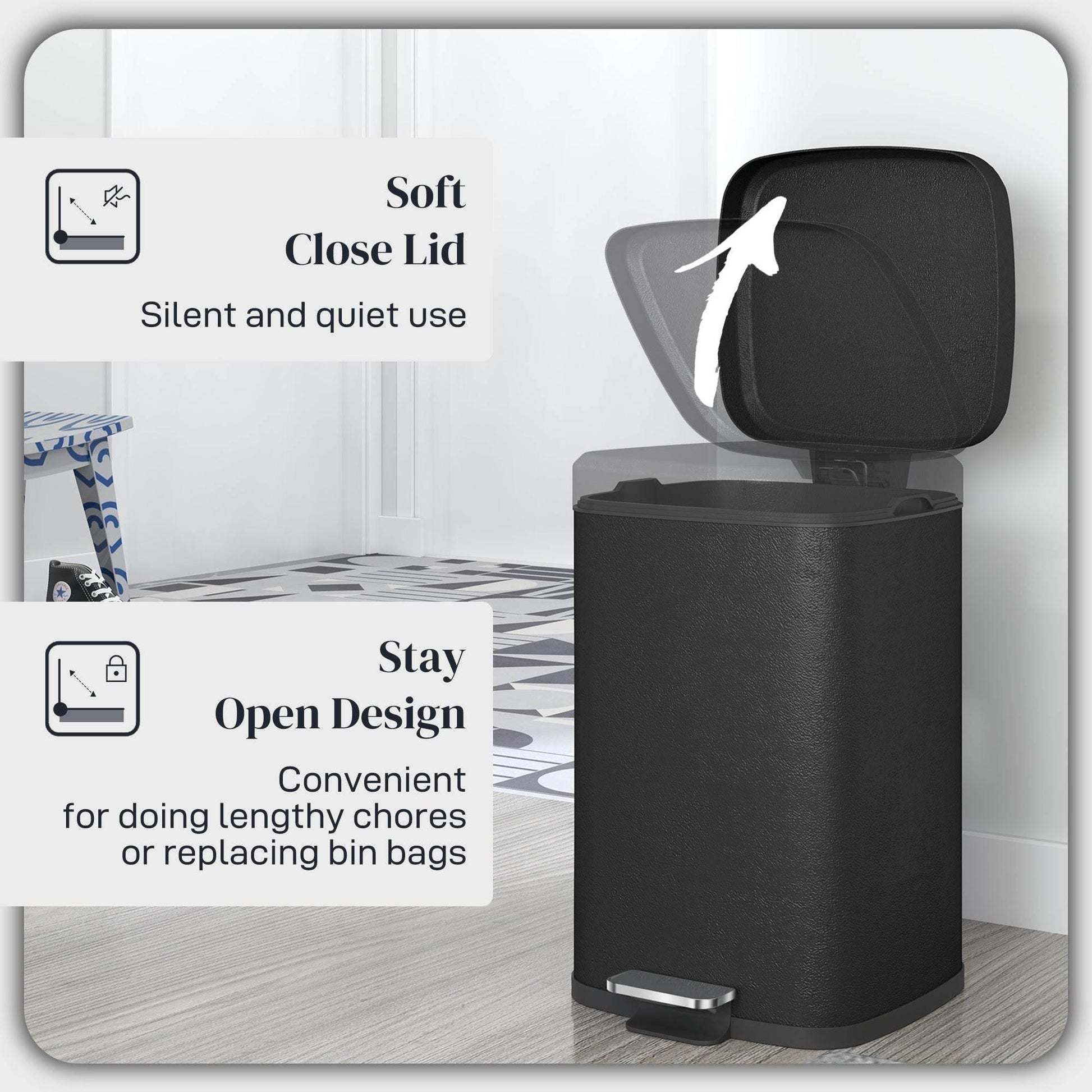 HOMCOM 20L Stylish Black Metal Kitchen Trash Can with Pedal and Soft-Close Lid - ALL4U RETAILER LTD