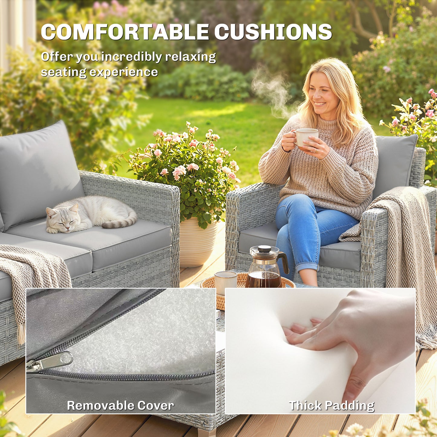 Outsunny 4 Piece Rattan Garden Furniture Set With Loveseat And 2 Armchairs Glass Top Table Wicker Set Grey