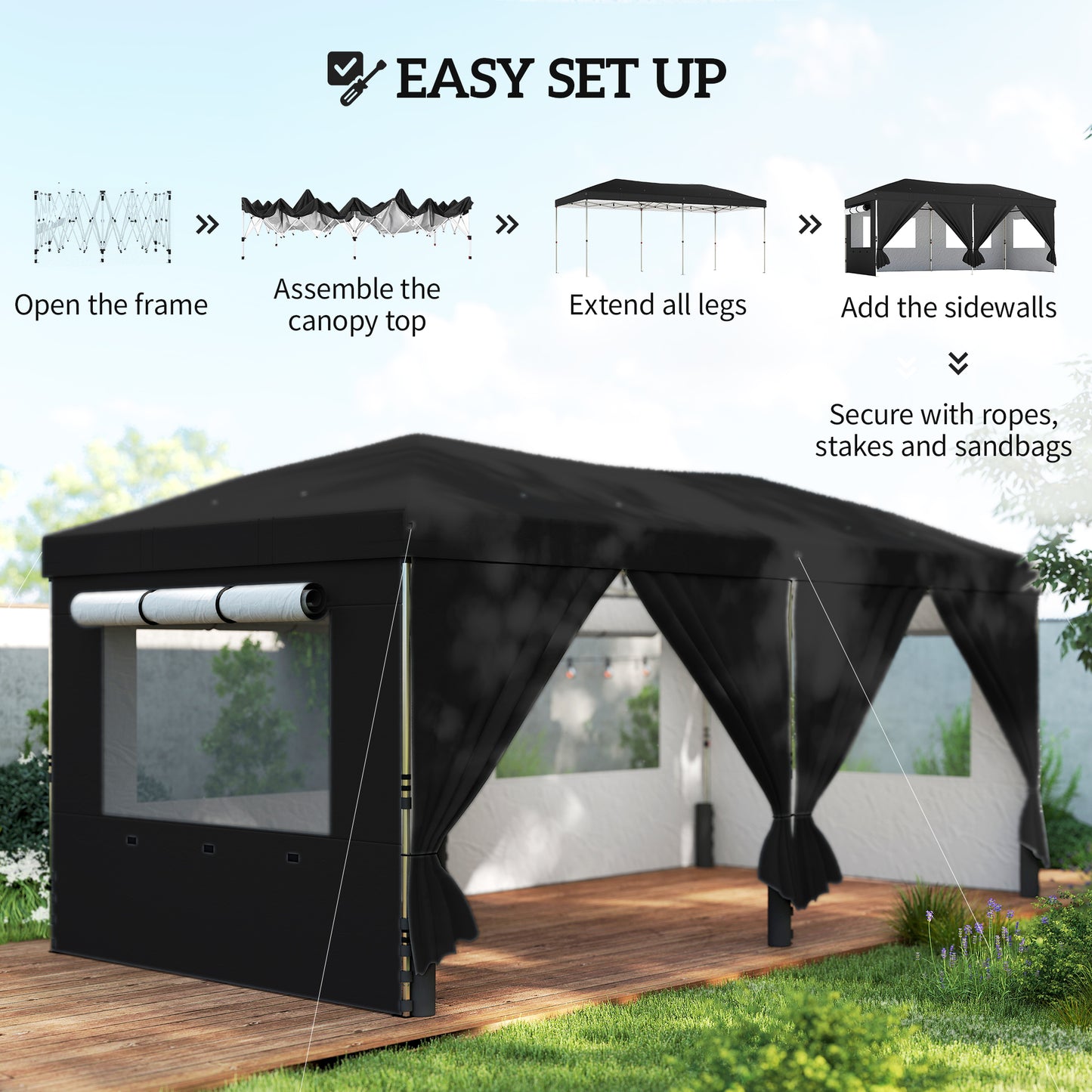 Outsunny 3x6m Pop Up Canopy Gazebo With UV50 Plus Protection Garden Shelter With 6 Removable Sidewalls Black