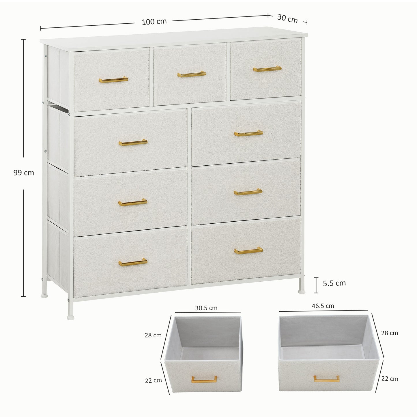 HOMCOM Chest Of Drawers With 9 Fabric Drawers Boucle Storage Organizer Steel Frame Cream White Dresser For Bedroom