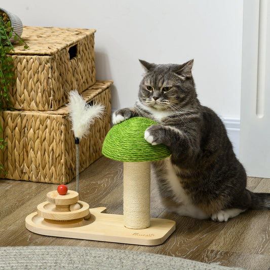PawHut Cat Scratching Post with Toy Balls and Feather - Natural Tone - ALL4U RETAILER LTD