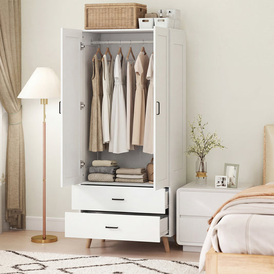 HOMCOM 2 Door Wardrobe With 2 Drawers And Hanging Rail In White For Bedroom Storage