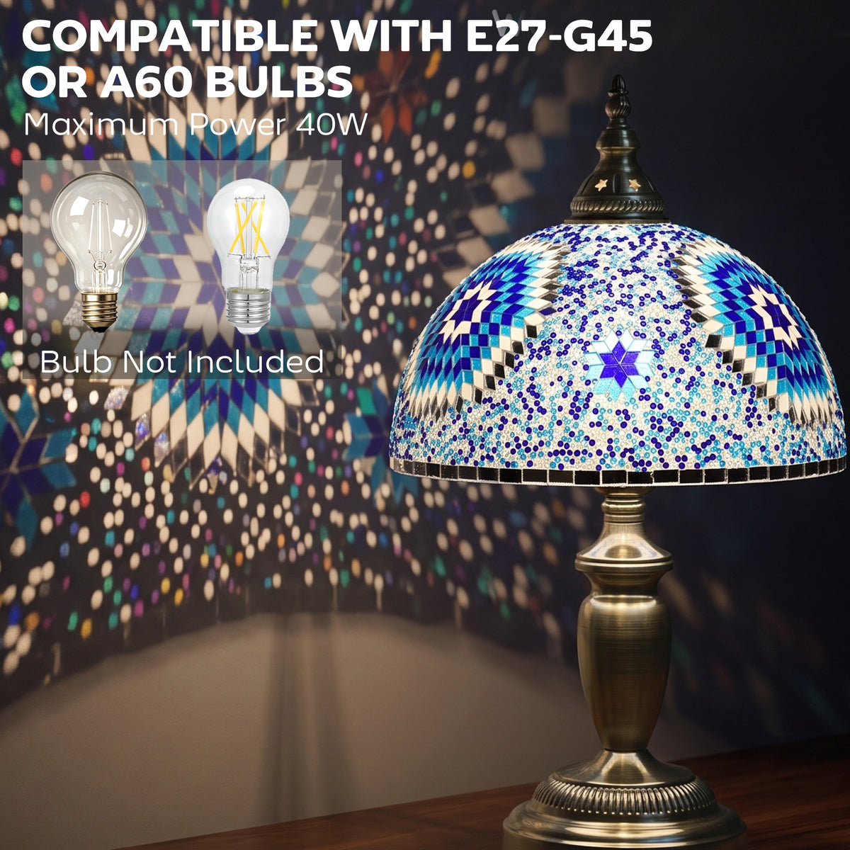 Homcom Blue Tiffany Stained Glass Bedside Table Lamp With Metal Base