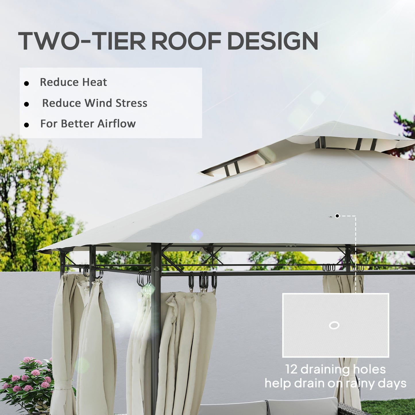Outsunny 3x4m Metal Frame Gazebo With Two Tier Roof Cream White Garden Canopy For Outdoor Parties