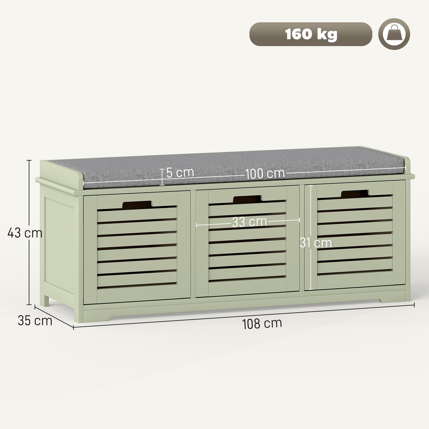 HOMCOM 3 Drawer Shoe Storage Bench With 160kg Capacity And 3 Fully Pull Out Drawers Green