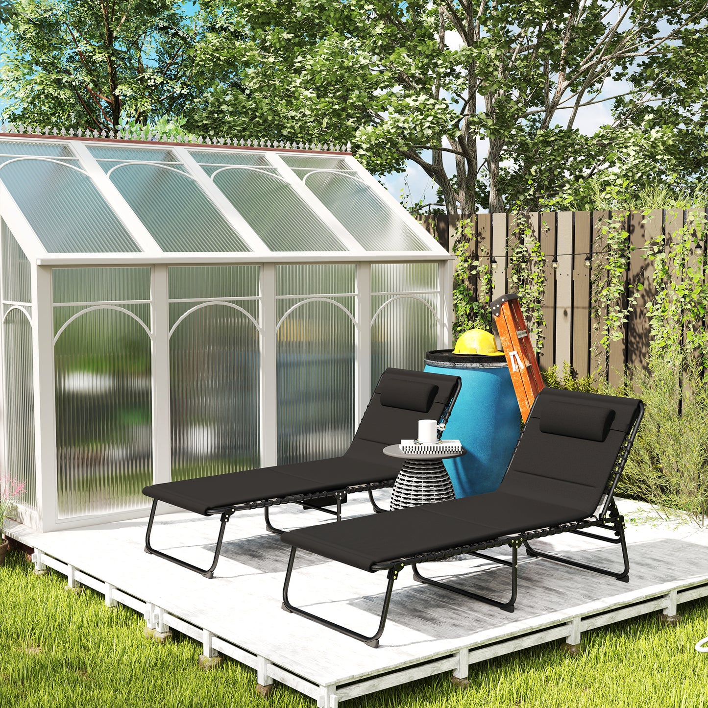 Outsunny Set Of Two Reclining Sun Loungers In Black With Five Position Adjustable Backs And Side Pockets
