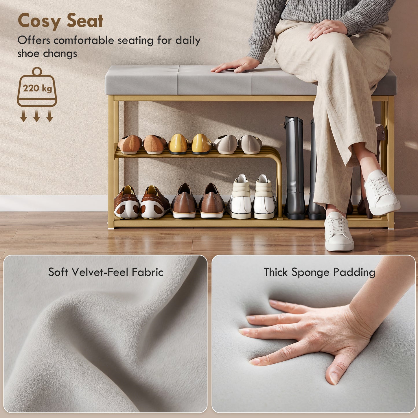 HOMCOM Tufted Velvet Seat Shoe Storage Bench With Gold Steel Frame And Double Tier Storage For Entryway Grey