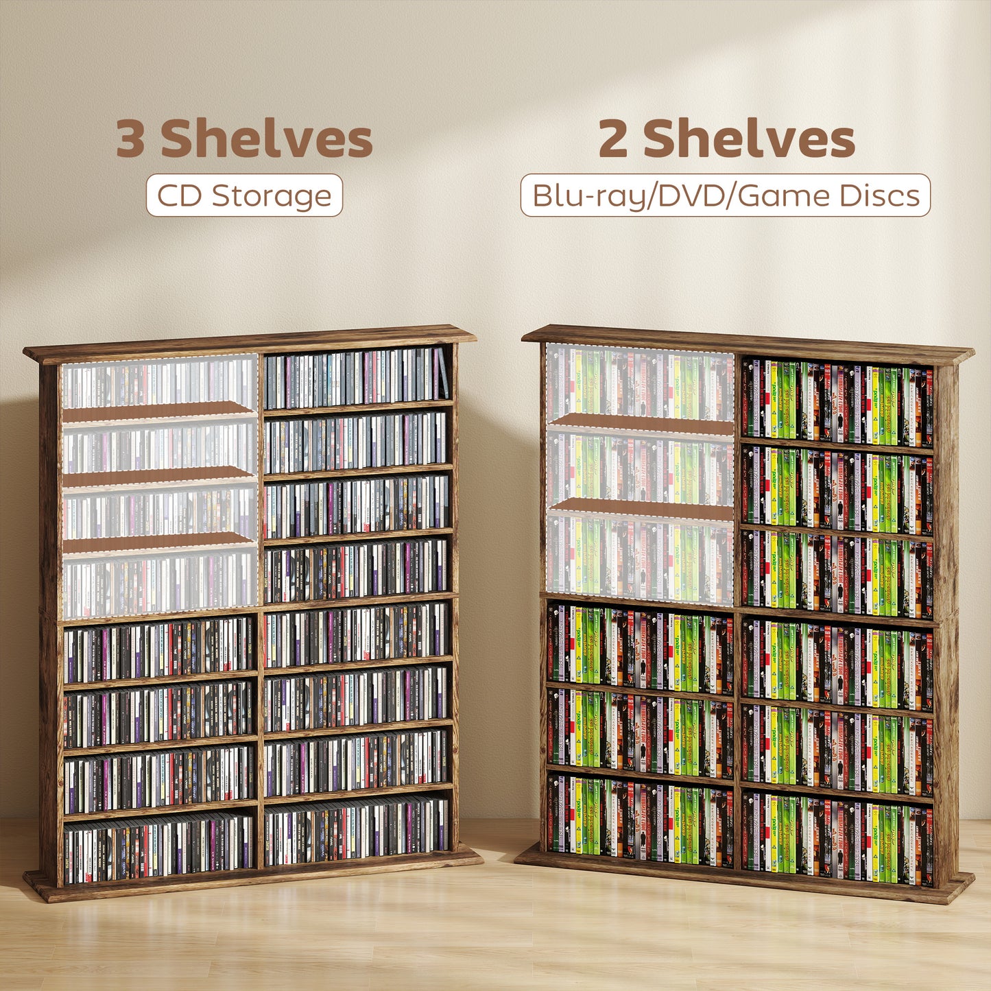 HOMCOM 16 Compartment Media Shelf Rustic Brown with Adjustable Shelves Holds 720 CDs 396 DVDs Blu Rays