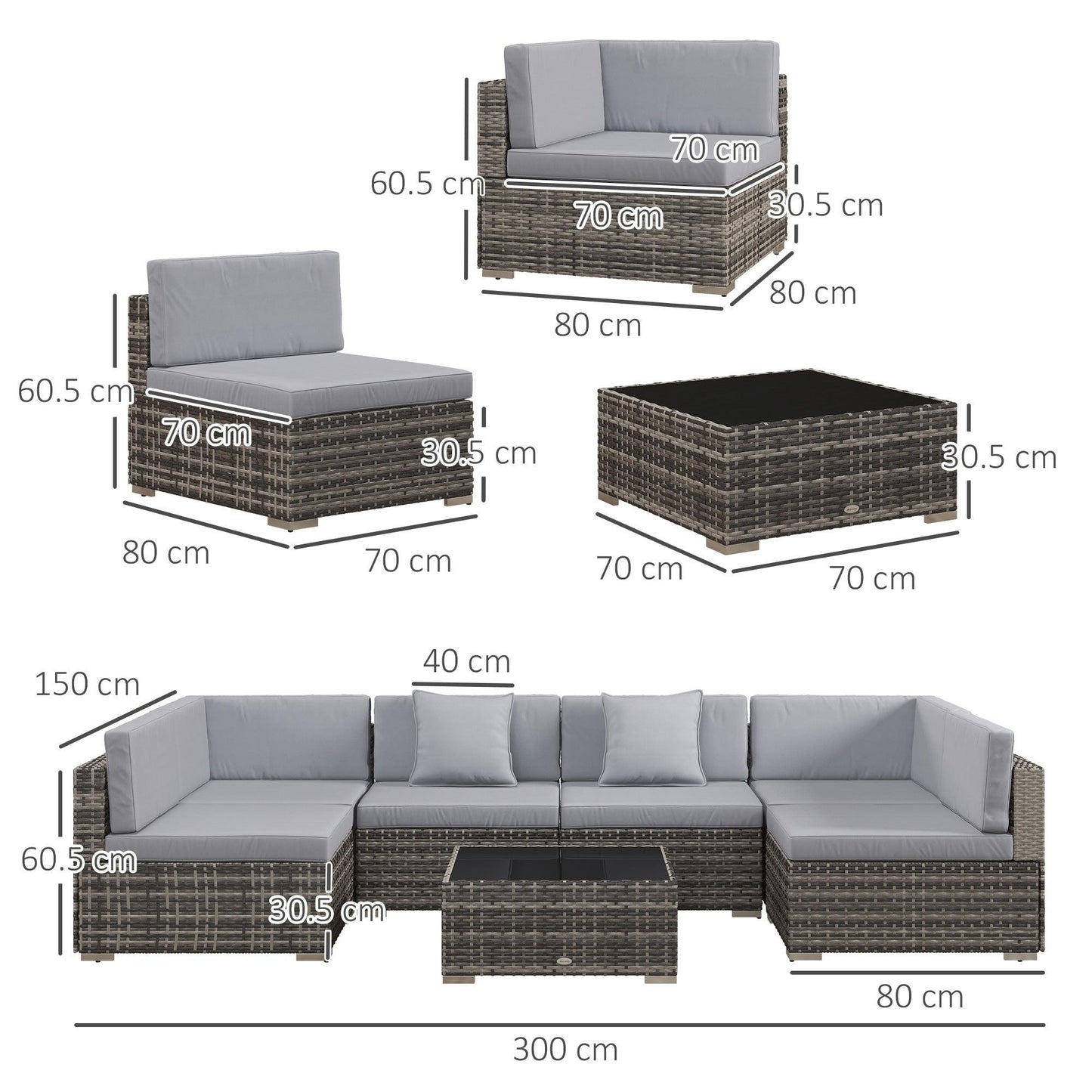 Outsunny 7 Pcs PE Rattan Garden Furniture Set w/ Thick Padded Cushion, Patio Corner Sofa Sets w/ Glass Coffee Table & Pillows, Mixed Grey - ALL4U RETAILER LTD