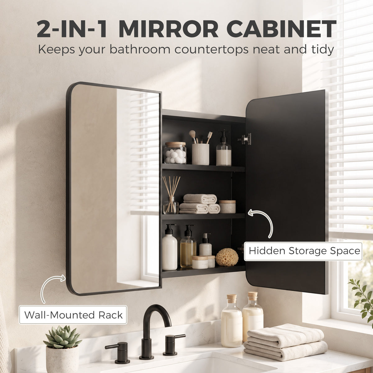 Black bathroom mirror cabinet with two folding doors and wall-mounted frame