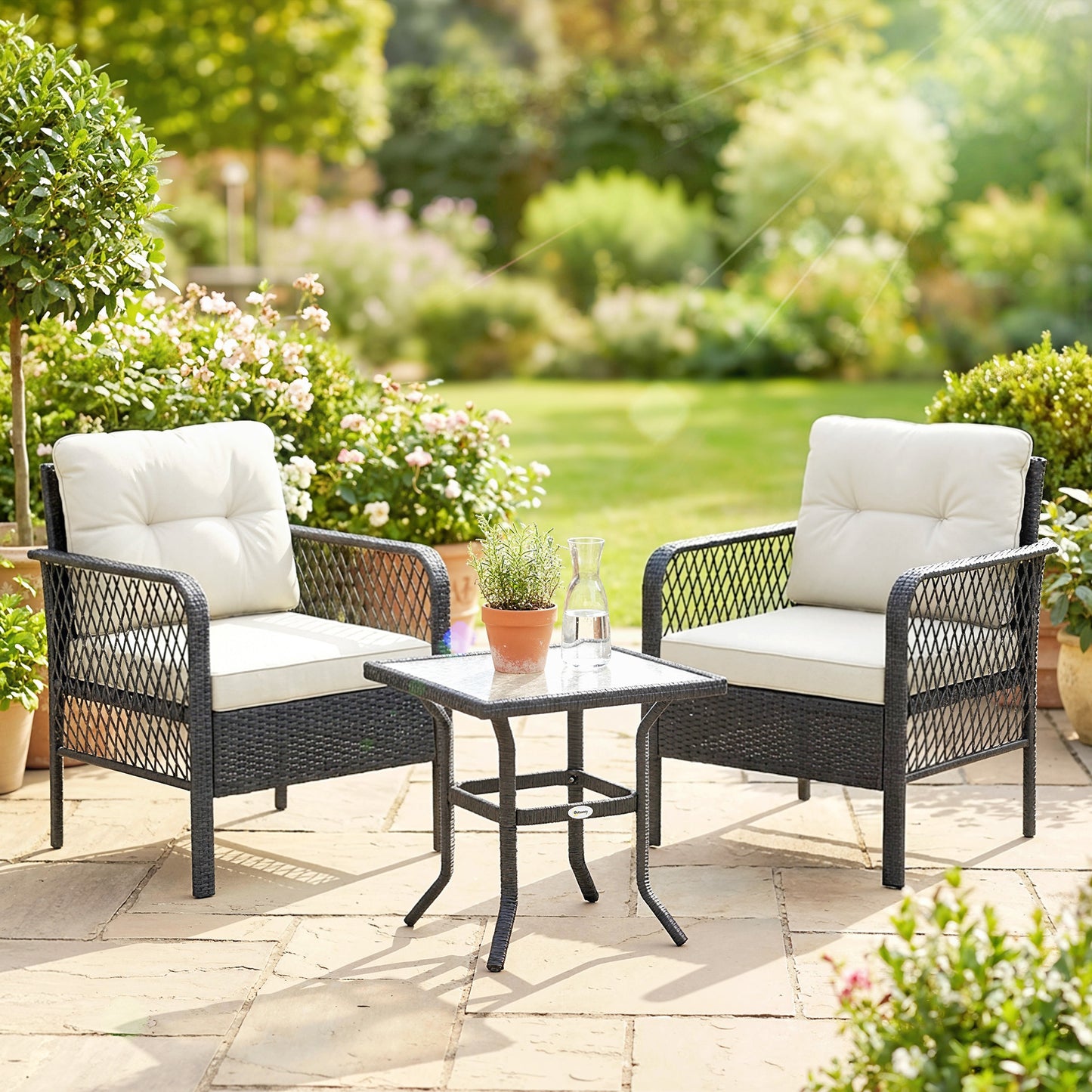 Outsunny 3 Piece Rattan Bistro Set With Glass Top Coffee Table And Cushioned Chairs For Outdoor Patio Balcony Cream