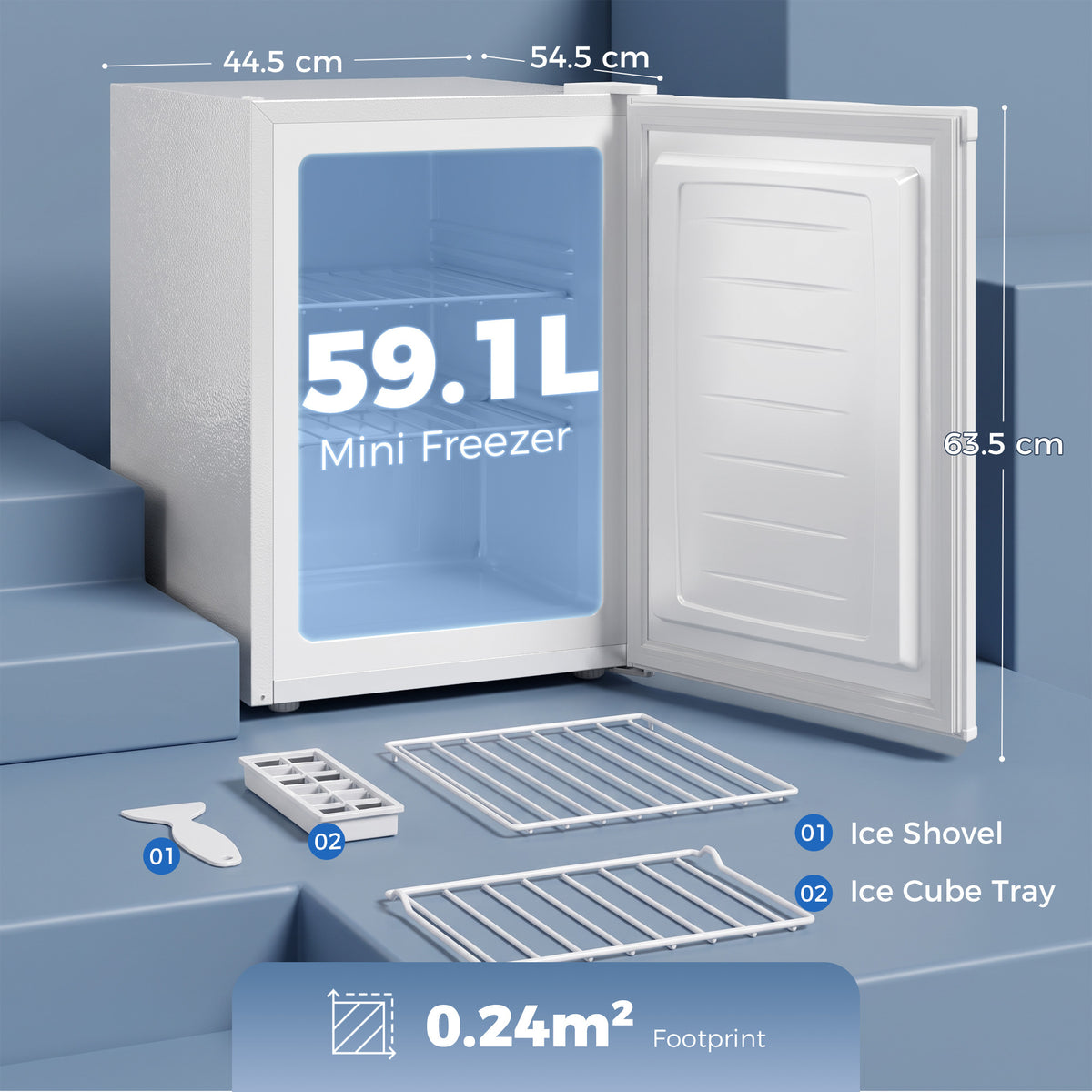 White mini freezer with open door, wire shelves, ice shovel, and ice cube tray