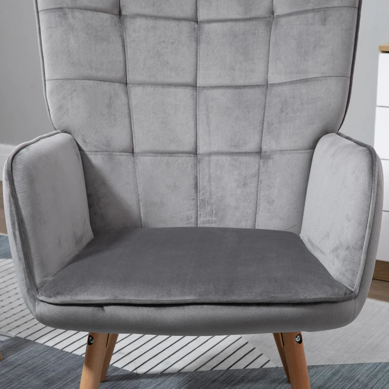 HOMCOM Set of 2 Modern Accent Chairs: Velvet-Touch Tufted Wingback Armchairs, Upholstered Leisure Lounge Sofas with Wood Legs - Grey - ALL4U RETAILER LTD