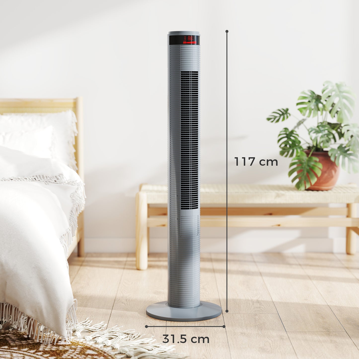 HOMCOM Oscillating Tower Fan With Remote Control LCD Screen 3 Speed 4 Wind Modes Grey