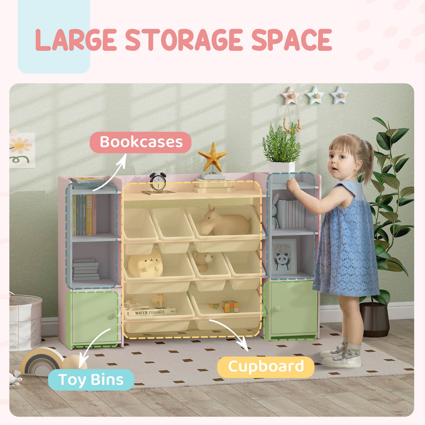 AIYAPLAY Kids Toy Organizers And Storage With 8 Removable Bins And Bookshelf Pink