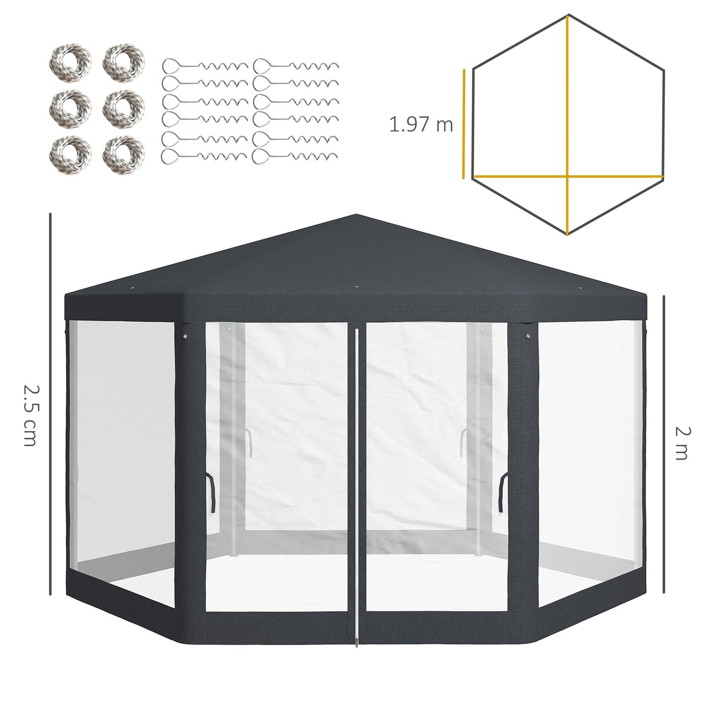 Outsunny 4M Hexagon Gazebo, Netting Party Tent, Patio Canopy Outdoor Event Shelter, Shade Resistant, Dark Grey