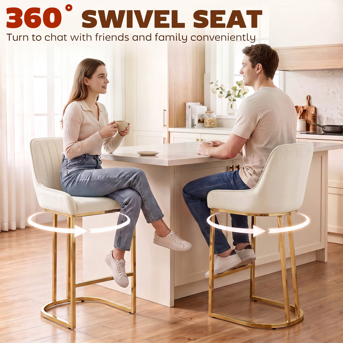 Cream white velvet swivel bar stool set of 2 with backrest and footrest, gold base