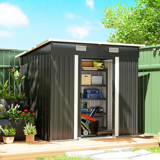 Outsunny 7x4ft Outdoor Storage Shed With Foundation Kit Lean To Metal Garden Shed For Log Rubbish Bin Tool Bike Black