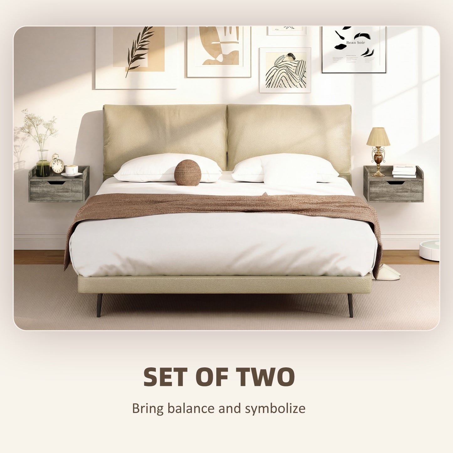 HOMCOM Floating Nightstands Set of 2 Wall Mounted Bedside Tables With Drawer Grey Wood Effect