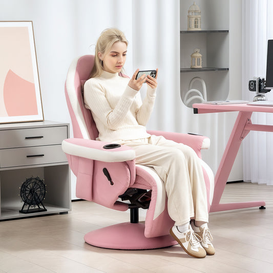 HOMCOM Manual Recliner Armchair With PU Leather 360 Degree Swivel Adjustable Leg Rest 135 Degree Recline Pink